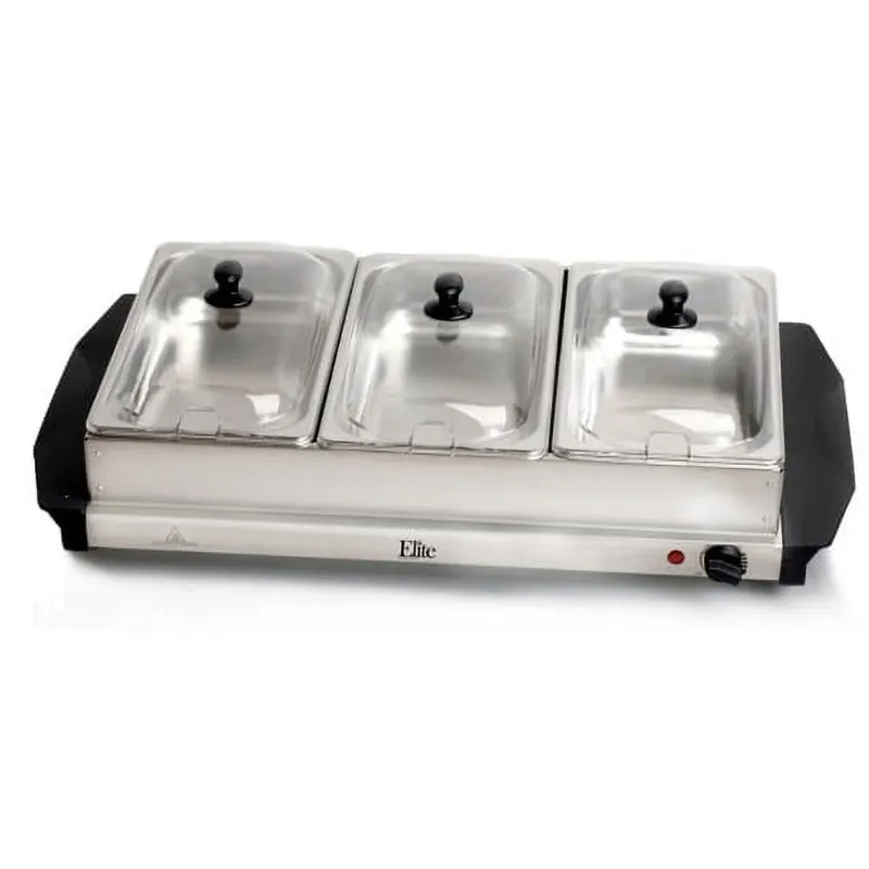 Photo 1 of ***(PLASTIC TOP LID CRACKED BROKEN)*** 
Elite Gourmet 7.5 Quart Triple Buffet Server Food Warmer Temperature Control, Clear Slotted Lids
