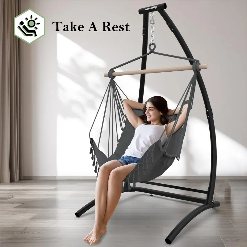 Photo 1 of  Type Hammock Chair with Stand, Hanging Chair with Neck Pillow, Outdoor Indoor Swing Chair for Bedroom, Porch, Patio and Garden, 300 lbs
