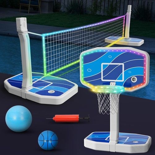 Photo 1 of 2-in-1 LED Pool Basketball Hoop Poolside & LED Pool Volleyball Net Set Swimmi...