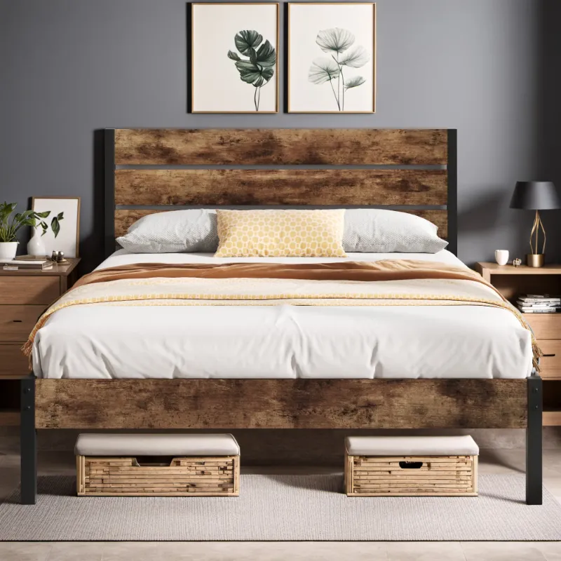 Photo 1 of  Queen Bed Frame with Rustic Vintage Wood Headboard and Footboard,Metal Support,Rustic Brown