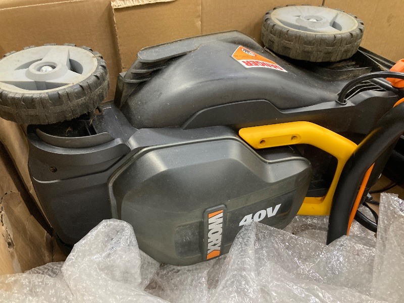 Photo 1 of ***HEAVILY USED, SELLING AS PARTS ONLY -DAMAGED DIRT/GRASS/DUST RESIDUE, SCUFFS/SCRATCHES....SELLING AS IS ***PARTS ONLY***

Cordless Lawn Mower with Aerodeck & Intellicut, Electric Mower with Variable Speed, Self-propelled Lawn Mower WG760 – (2) PowerSha