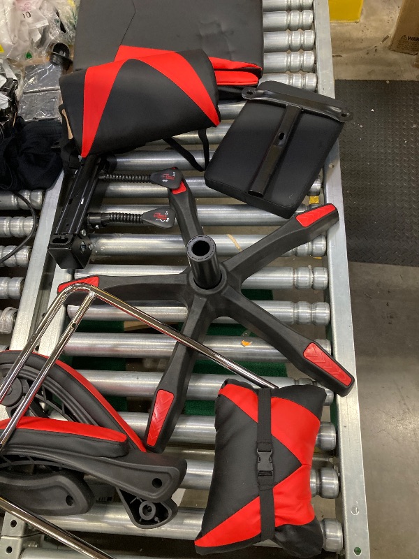Photo 1 of ***(USED, DENT IN FABRIC DUE TO PACKAGING, SOME STAINS)***    
Mr IRONSTONE Office Gaming Chair with Footrest & Lumbar Support, Ergonomic Adjustable Computer Chair with Swivel Seat & Headrest, Red
