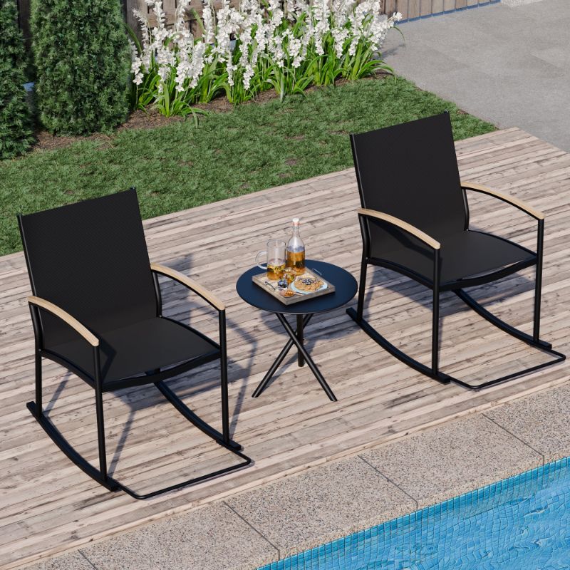 Photo 1 of 3-Piece Patio Bistro Sets, Outdoor Breathable Rocking Chairs & Black Furniture Conversation Set-Two Chairs with Coffee Table Black