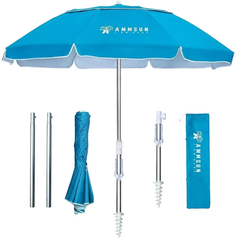 Photo 1 of  6.5ft Twice Folded Portable Travel Beach Umbrella with Sand Anchor UPF50+ Protection,Sky Blue
