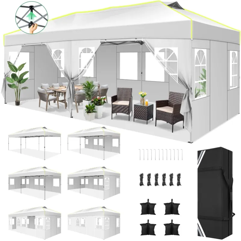 Photo 1 of  10x20 Pop up Canopy Tent with 6 Sidewalls, Canopy for Outside Instant Waterproof Party Canopy Tent for Beach Garden Party Camping Outside with Air Vent,Reflective Strip,4 Sandbags,White