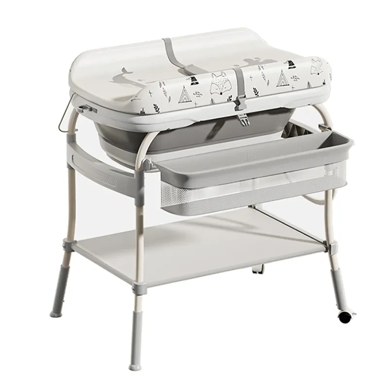 Photo 1 of  2-in-1 Baby Bathtub & Changing Table, Adjustable Height Folding Diaper Station Waterproof Pad with Storage Rack & Wheels, Baby Bath Tub with Thermometer