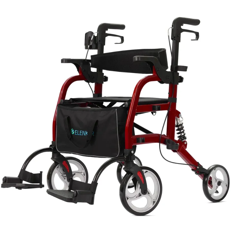 Photo 1 of  2 in 1 Rollator Walker & Transport Chair for Seniors, Foldable Walker Wheelchair Combo with 10” Wheels and Shock Absorber, Red