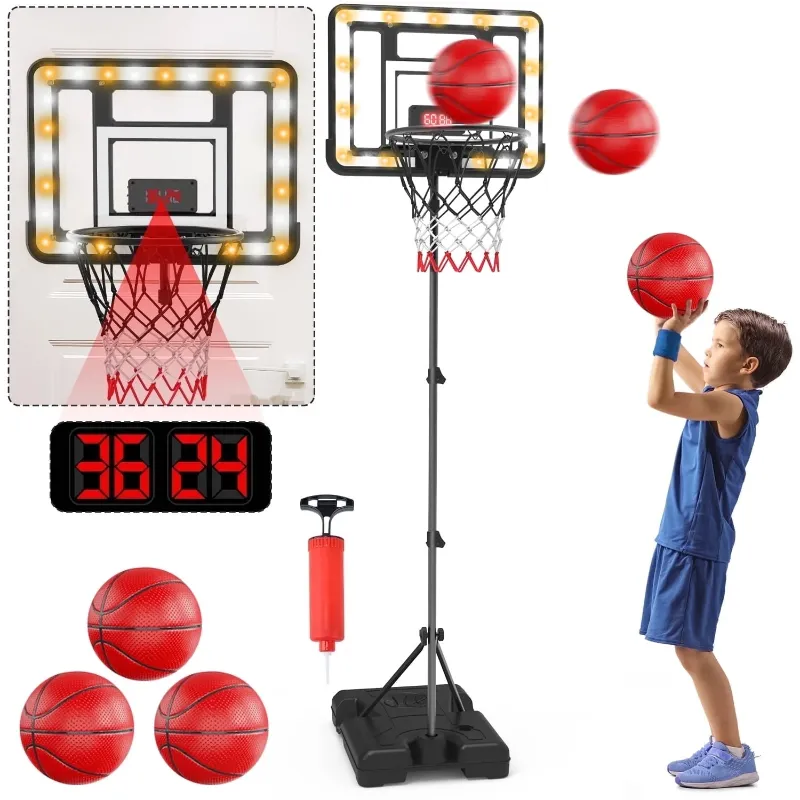 Photo 1 of  Kids Basketball Hoop with Scoreboard & Timer, Adjustable Height 3ft-5.8ft for Young Kids Play Indoor and Outdoor Metal Hoop