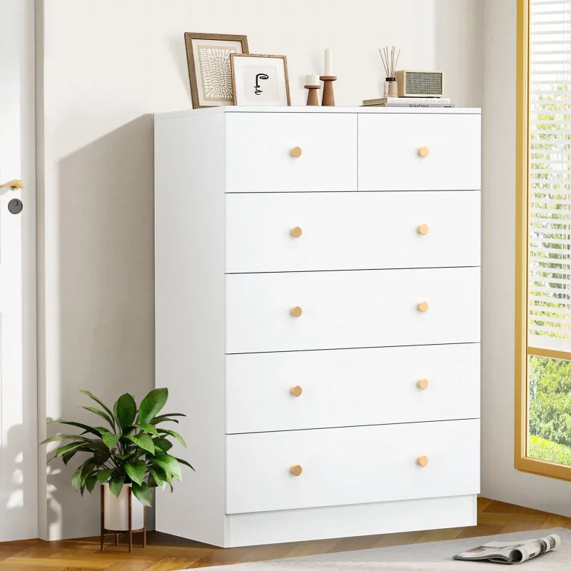 Photo 1 of  White 6 Drawer Dresser, Modern Nightstand, Storage Wide Chest of Drawer, Wooden Dresser Storage Cabinet for Adults, Bedroom Living Room Furniture