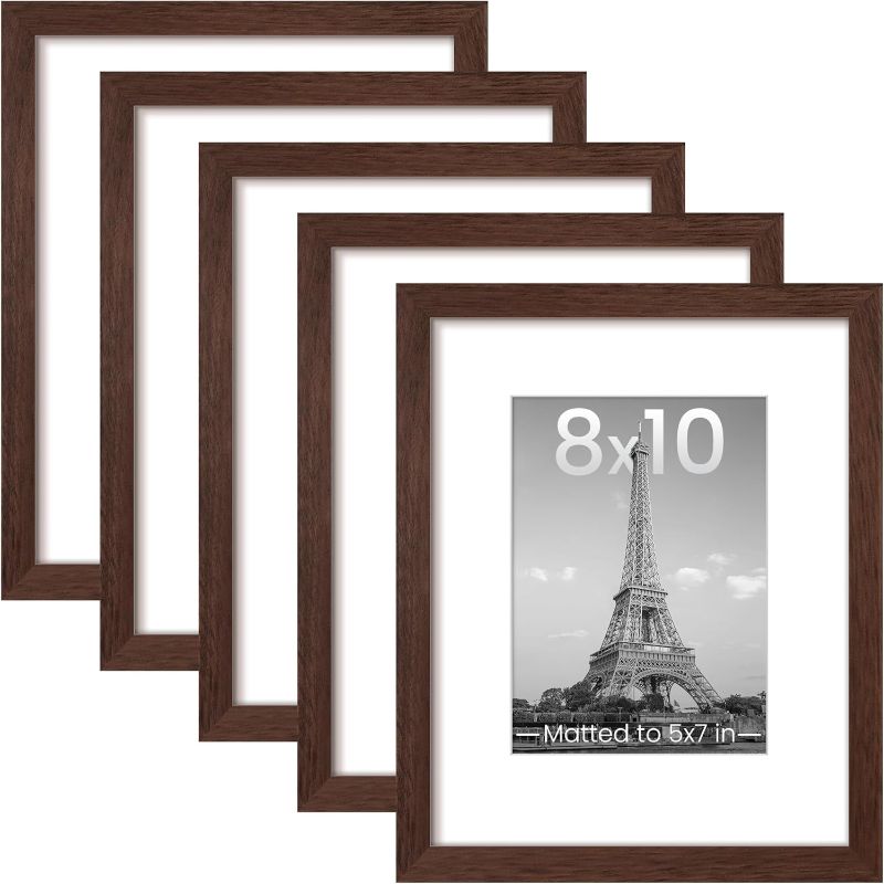 Photo 1 of **MISSING ONE**8x10 Picture Frame Set of 5, Display Pictures 5x7 with Mat or 8 x 10 Without, Wall Gallery Photo  PLASTIC  COVER Frames, Brown