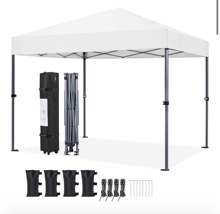 Photo 1 of 10x10 1-Person Setup Pop Up Canopy Tent, Instant Portable Commercial Canopy Tent, Outdoor Gazebo with 1-Button Push, Wheeled Bag & 4 Sandbags for Home, Party & Outdoor Activities, White