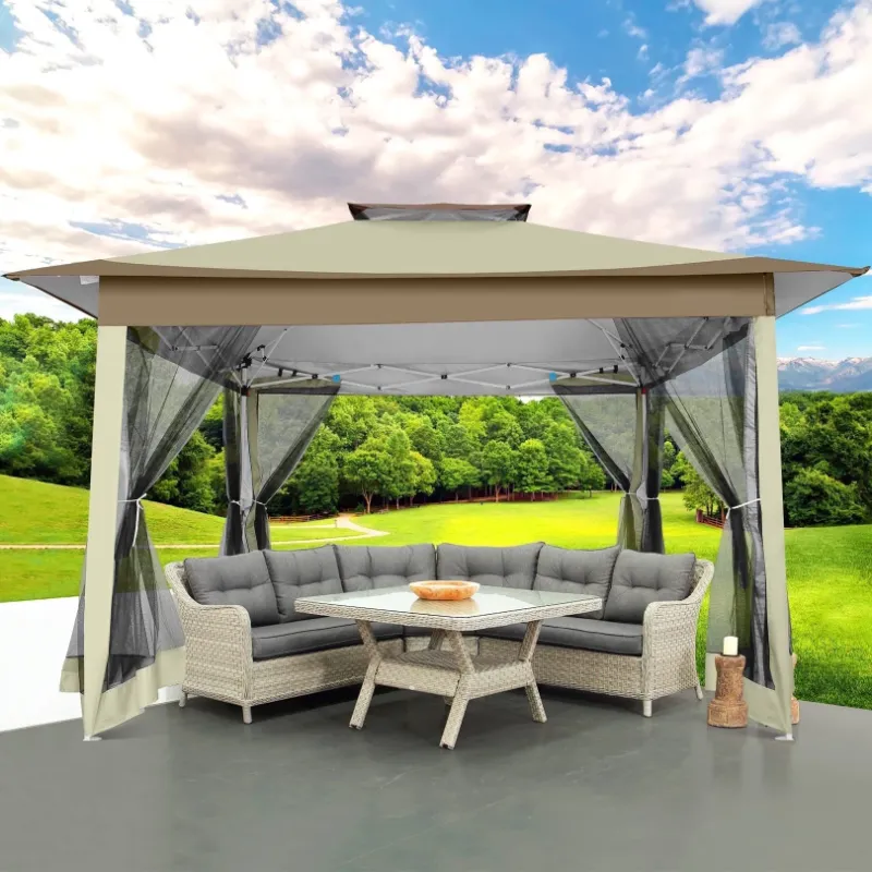 Photo 1 of ***DETAIL MEASUREMENT, EXACT STYLE, & TYPE UNKNOWN, SELLING AS IS***

Outdoor Pop Up Canopy with Mosquito Netting Patio Tent Backyard Canopy with 2-Tiered Vented Top 3 Adjustable Height, Beige/Taupe/SAGE 