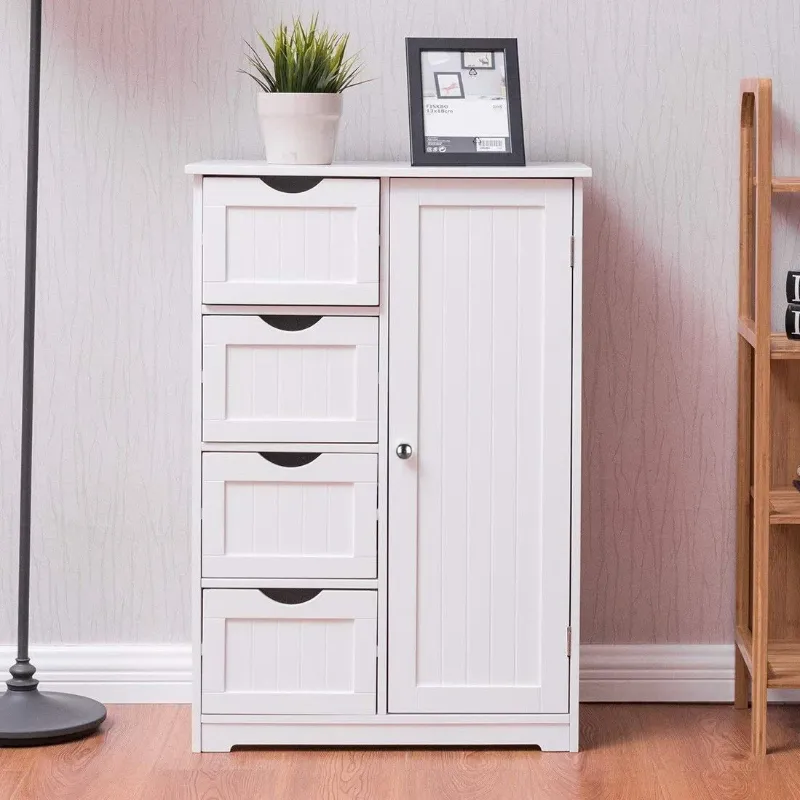 Photo 1 of **NO INSTRUCTIONS**Ktaxon Wooden Bathroom Floor Cabinet, Side Storage Organizer with 4 Drawers, 1 Cupboard & 2-Shelves, White
