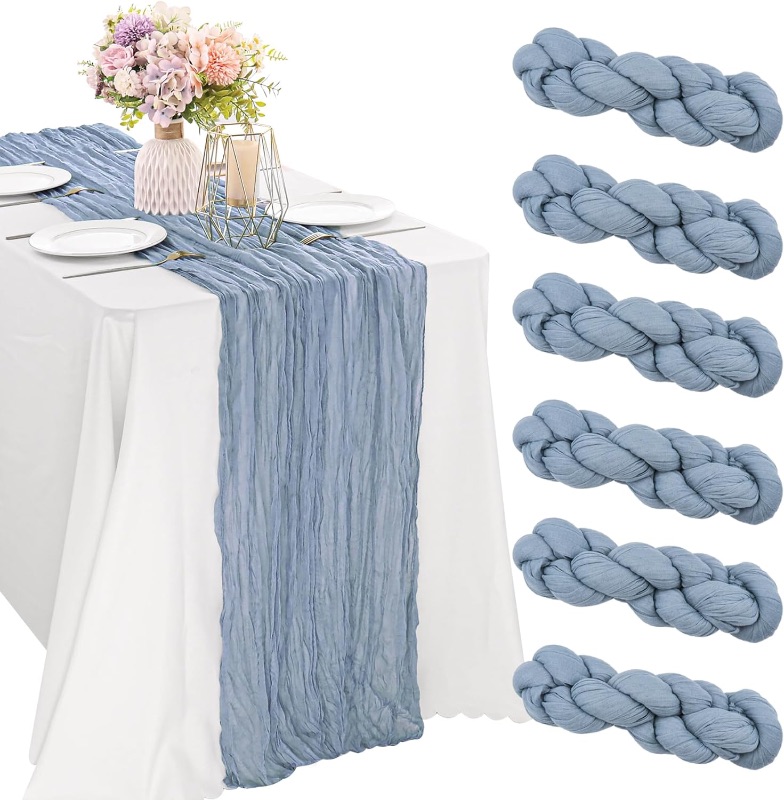 Photo 1 of  6 Pieces Dusty Blue 10FT Cheesecloth Table Runner Boho Gauze Fabric Table Runner Rustic Sheer Runner for Wedding Birthday Baby Shower Party Boho Table Decoration?Dusty Blue?