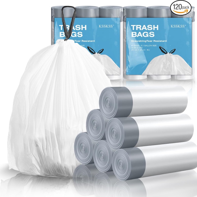Photo 1 of 
120 Counts 1.6 Gallon Mini Drawstring Trash Bags, Small Garbage Bags by KSSKSS, Code a fit 4.5-8 Liter, 1.2-2 Gal, White Trash Bin Liners for Home Office Kitchen Bathroom Bedroom