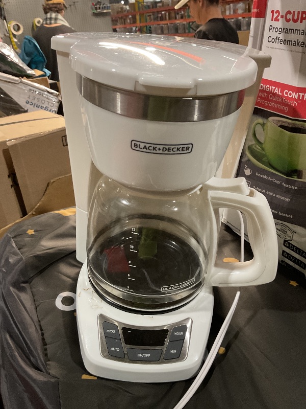 Photo 1 of (Used)BLACK+DECKER 12-Cup Digital Coffee Maker, CM1160W, Programmable, Washable Basket Filter, Sneak-A-Cup, Auto Brew, Water Window, Keep Hot Plate, White