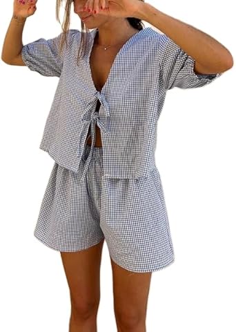 Photo 1 of ??????Women Plaid Pants Wide Leg Pajama Boxer Pants Elastic Waist Y2K Lounge Gingham Bottoms Blue S