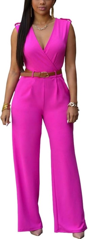 Photo 1 of Womens Solid Deep V High Waist Jumpsuit with Belt Wide Leg with Pockets Rompers Medium