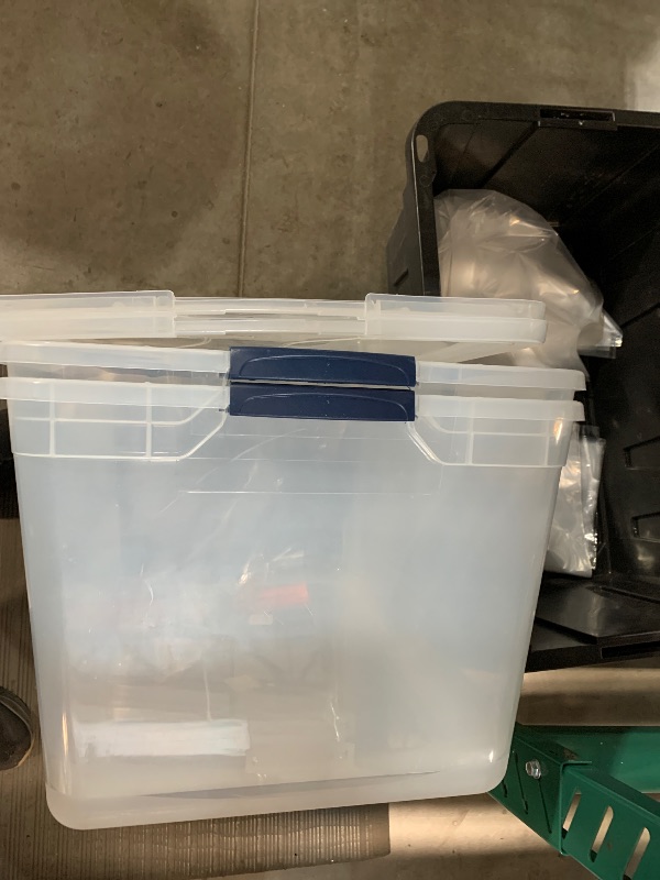 Photo 1 of **ONLY 2 IN BOX, MISSING 2**
Rubbermaid Cleverstore 95 Quart Clear Stackable Large Plastic Storage Containers with Lids for Office and Home Organization, Clear (4 Pack)