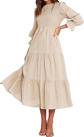 Photo 1 of **BEIGE**BTFBM Women Casual Long Sleeve Dress Fall Dresses 2025 Solid Color Relaxed Fit Smocked Tiered Flowy Boho Long Dresses(Solid Army Green,X-Large) 