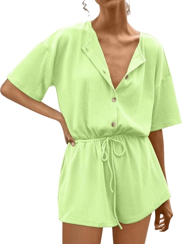 Photo 1 of Women's Button Up Oversized Romper Summer Short Rompers Dressy 2024 Elastic Waist Casual One Piece Jumpsuits Pockets S