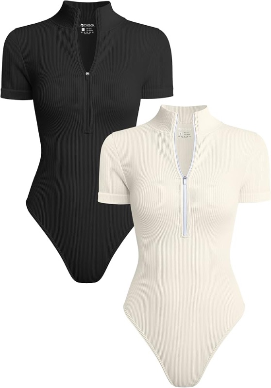 Photo 1 of  Women's 2 Piece Bodysuits Sexy Ribbed One Piece Short Sleeve Zip Front Bodysuits (Black,beige,Small)