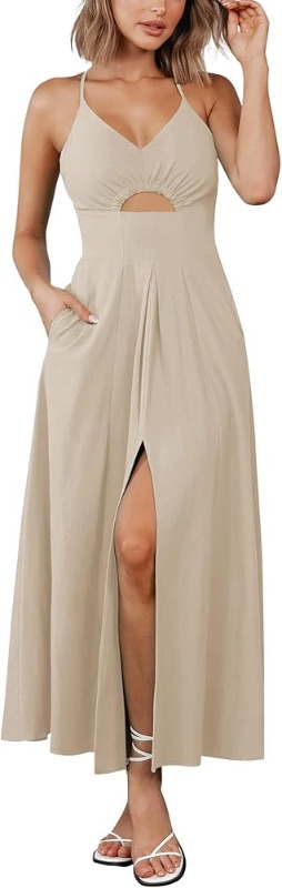 Photo 1 of  Women 2025 Summer Spaghetti Strap Midi Dress Sleeveless V Neck Cutout Slit Casual Beach Party Maxi Dresses Pockets XL