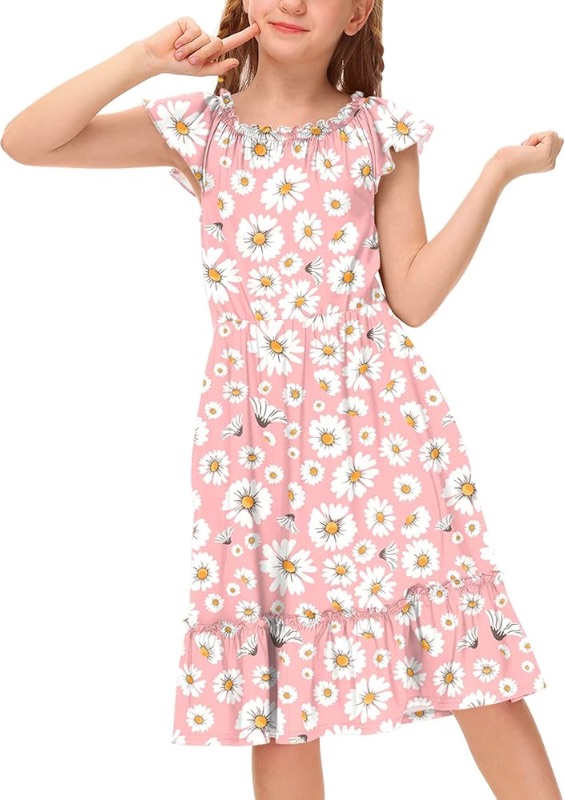 Photo 1 of *** photo stock for reference only *** BesserBay Girl's Floral Elastic Neckline Flutter Sleeve Midi Dress with Side Pockets 130