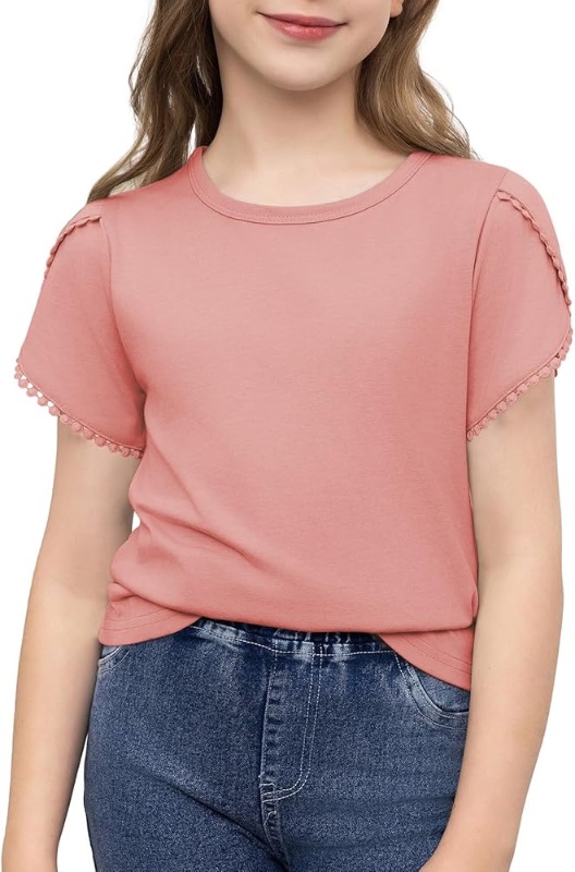 Photo 1 of blibean Teen Girl Shirt Preteen Kid Short Sleeve Blouse Solid Plain Summer Top Fashion Casual Tee Clothes Dressy Outfit Fancy Tshirt Size 10-11 Year Old Pink