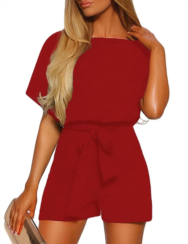 Photo 1 of  Womens Summer Belted Romper Keyhole Back Short Sleeve Jumpsuit Playsuit L