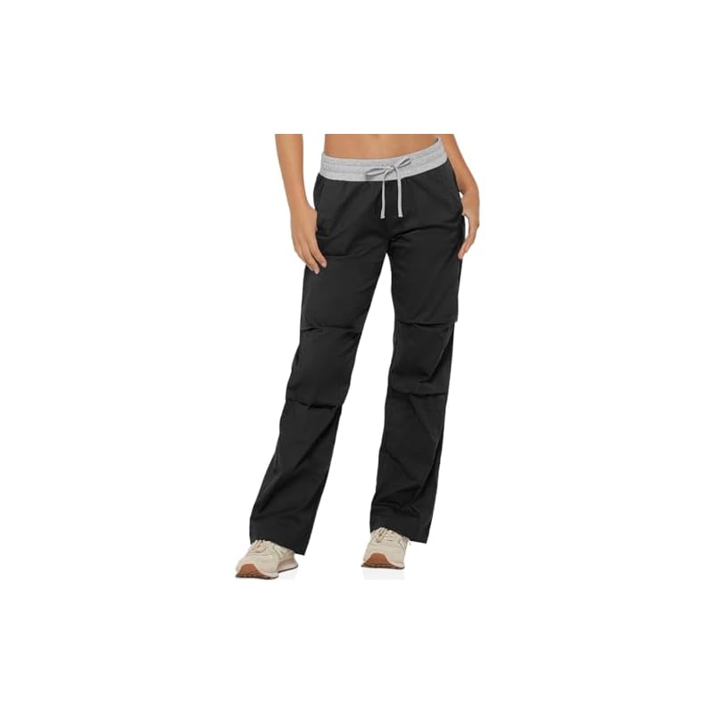 Photo 1 of Fisoew Women's Straight Leg Cargo Pants Casual Low Rise Elastic Drawstring Parachute Pants with Pockets M 