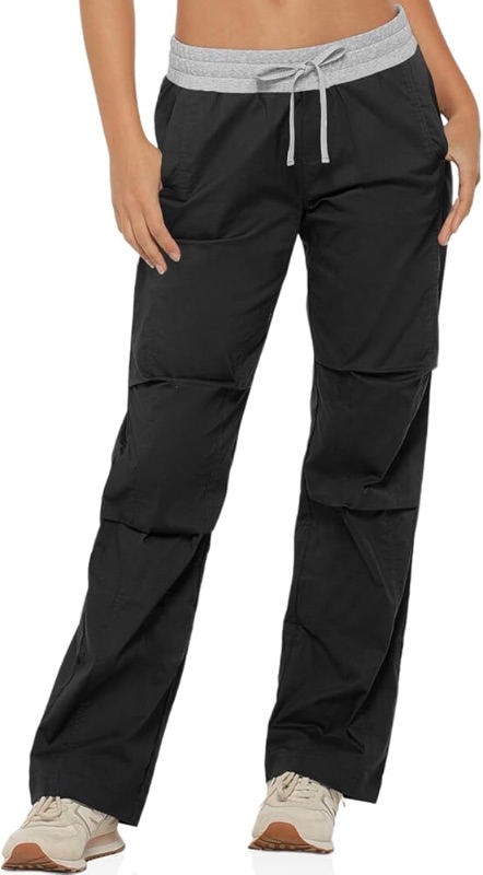 Photo 1 of (SMALL) Fisoew Women's Straight Leg Cargo Pants Casual Low Rise Elastic Drawstring Parachute Pants with Pockets S
