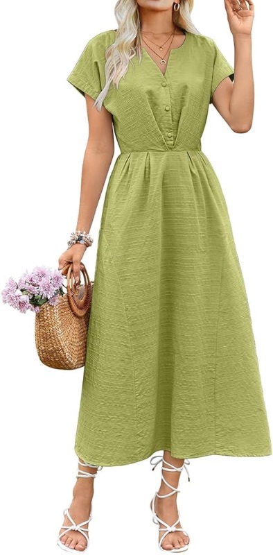 Photo 1 of *STOCK IMAGE FOR REFERENCE*
Women Cotton Midi Dress: 2025 Button V Neck Casual Summer Dresses Short Sleeve A-Line Shirt Long Dress with Pockets S
