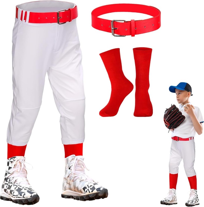 Photo 1 of Toddler Baseball Pants with Belt and Socks,White Knicker Softball Pants Youth Knee Tee Ball Pant for Kids Youth Boys 10/12