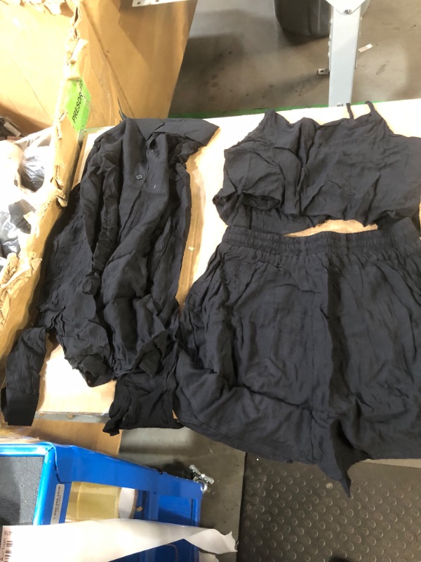 Photo 1 of *STOCK IMAGE FOR REFERENCE*
 Womens Black Casual 3 Piece Outfits Long Sleeve Button Down Shirt Cropped Cami Top And Drawstring Shorts Sweatsuit Sets M