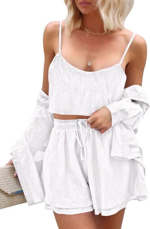 Photo 1 of *STOCK IMAGE FOR REFERENCE*
 Womens Black Casual 3 Piece Outfits Long Sleeve Button Down Shirt Cropped Cami Top And Drawstring Shorts Sweatsuit Sets M