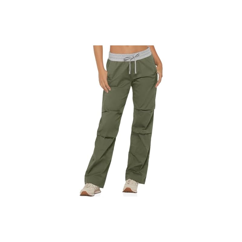 Photo 1 of Fisoew Women's Straight Leg Cargo Pants Casual Low Rise Elastic Drawstring Parachute Pants with Pockets  S