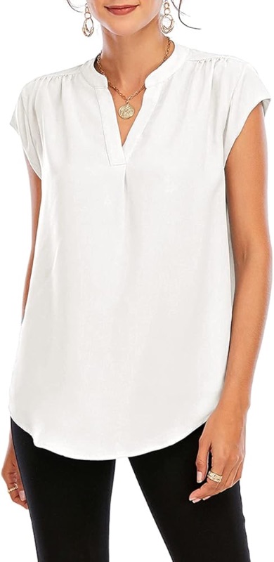 Photo 1 of  Womens Split V Neck Cap Sleeve Tops Frill Trim Elegant Work Office Blouse Shirts M