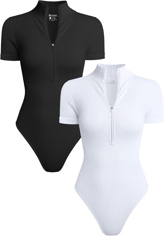 Photo 1 of LAPRBY Women's 2 Piece Bodysuits Sexy Ribbed One Piece Short Sleeve Zip Front Bodysuits (Black,brown medium