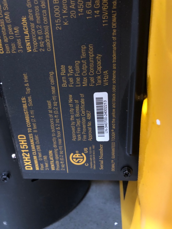 Photo 1 of ***USED - MAJOR DAMAGE - UNTESTED - SEE COMMENTS***
Dewalt F340700 215,000 BTU Forced Air Kerosene Construction Heater