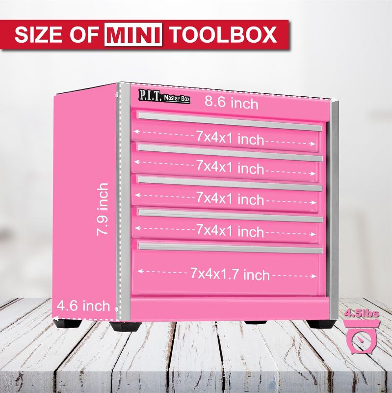 Photo 1 of P.I.T. Mini Pink Tool Box, Portable 5-Drawer Micro Roll Cab Steel Tool Box with Liner, Pink Small Tool Case for Tools Storage, Home DIY