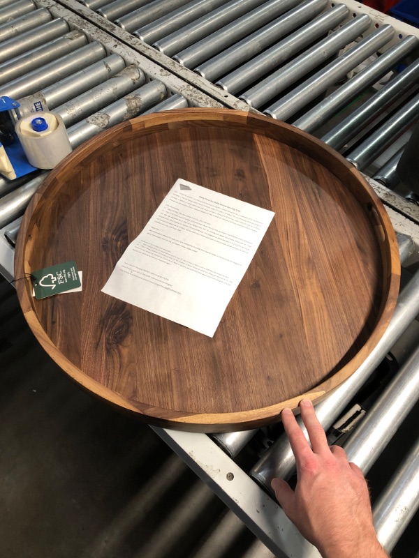 Photo 1 of (GOOD/FAIR) MAGIGO 26 Inches Extra Large Round Black Walnut Wood Ottoman Tray with Handles, Serve Tea, Coffee, Classic Circular Wooden Decorative Serving Tray
