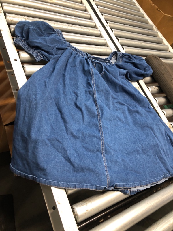 Photo 1 of (MEDIUM) (USED/FAIR) POLIRO Denim Dress for Women, Puff Short Sleeve Jean Dress Square Neck Denim Romper with Pockets