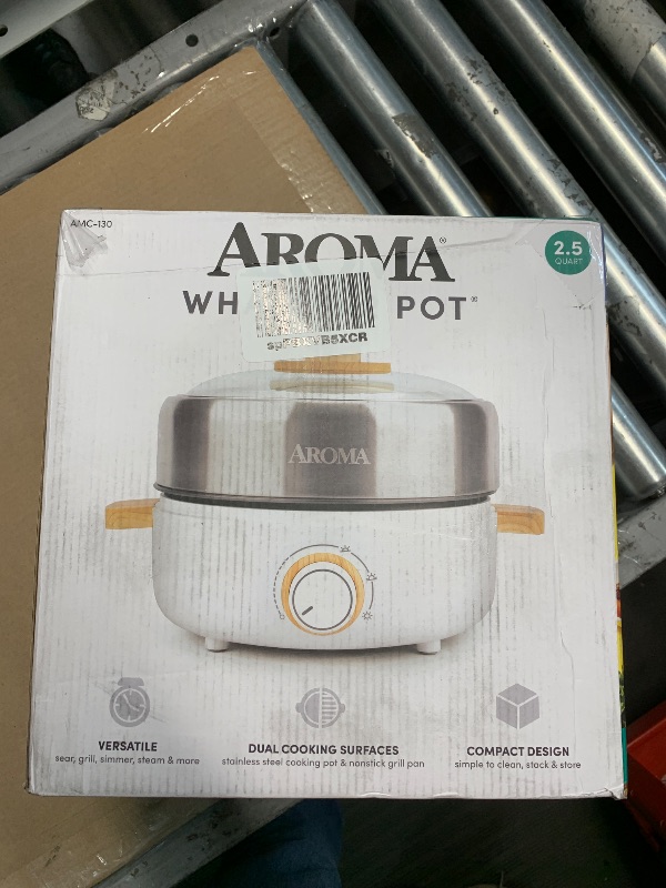 Photo 1 of (Used item)Aroma Housewares AMC-130 Whatever Pot, Indoor Grill, Cooking, Hot Pot with Glass Lid, Bamboo Handles, 2.5L, Stainless Steel/White