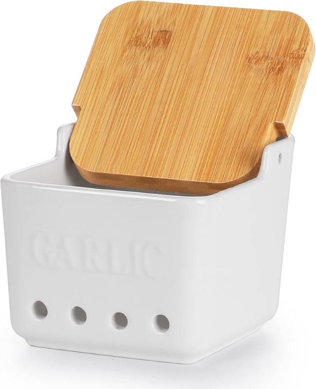 Photo 1 of (BAGGED) ONTUBE Garlic Keeper with Lid, Ceramic Garlic Holder Storage, Garlic Container for Kitchen, Garlic Saver to Keep Your Garlic Cloves Fresh Longer 4.7-Inch, White