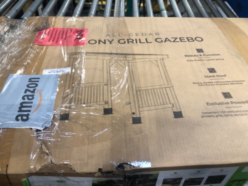 Photo 1 of **2 BOXES**Backyard Discovery Saxony 8' x 5' Cedar Wood BBQ Grill Gazebo Pavilion with Hardtop Galvanized Steel Roof, Bar Tops, Powerport, Snow Support, Wind Resistance, Cook Station for Outdoor Patio or Deck