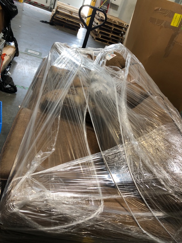 Photo 1 of **TRUCK NEEDED**Signature Design by Ashley Larkinhurst Faux Leather Sofa with Nailhead Trim and 2 Accent Pillows, Brown