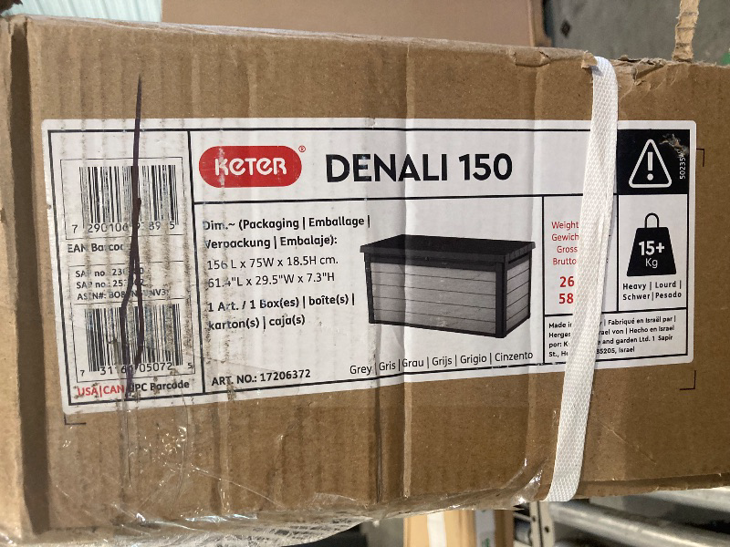 Photo 1 of **factory sealed**Keter Denali 150 Gallon Resin Large Deck Box with Double Wall 20mm Panels - Paintable and Drillable-Organization and Storage for Patio Storage Box and Outdoor Items, Grey & Black