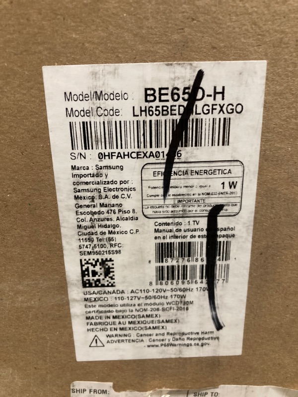 Photo 1 of ** ONLY PARTS ** SAMSUNG 65-Inch Class Crystal UHD 4K Bed-H Series HDR Business Pro TV w/ 3-Sided Bezel-Less Slim Design, Use for Digital Signage Displays, Commercial TV, Alexa Built-in (LH65BEDHLG, 2024 Model)