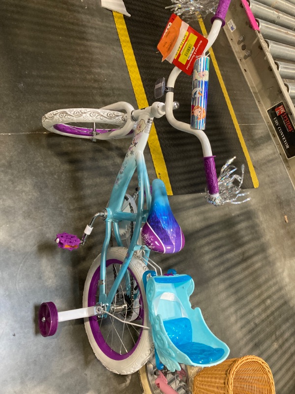 Photo 1 of **NO RETURNS, FINAL SALE** Volare Unisex Children's Biciletta Da Bambini Da 14 Pollici Con Portababole, Cestino, Stabilizzatori Laterali Di Disney Frozen Children's Bike, Light Blue, Piccola **AS IS, NO RETURNS, FINAL SALE**